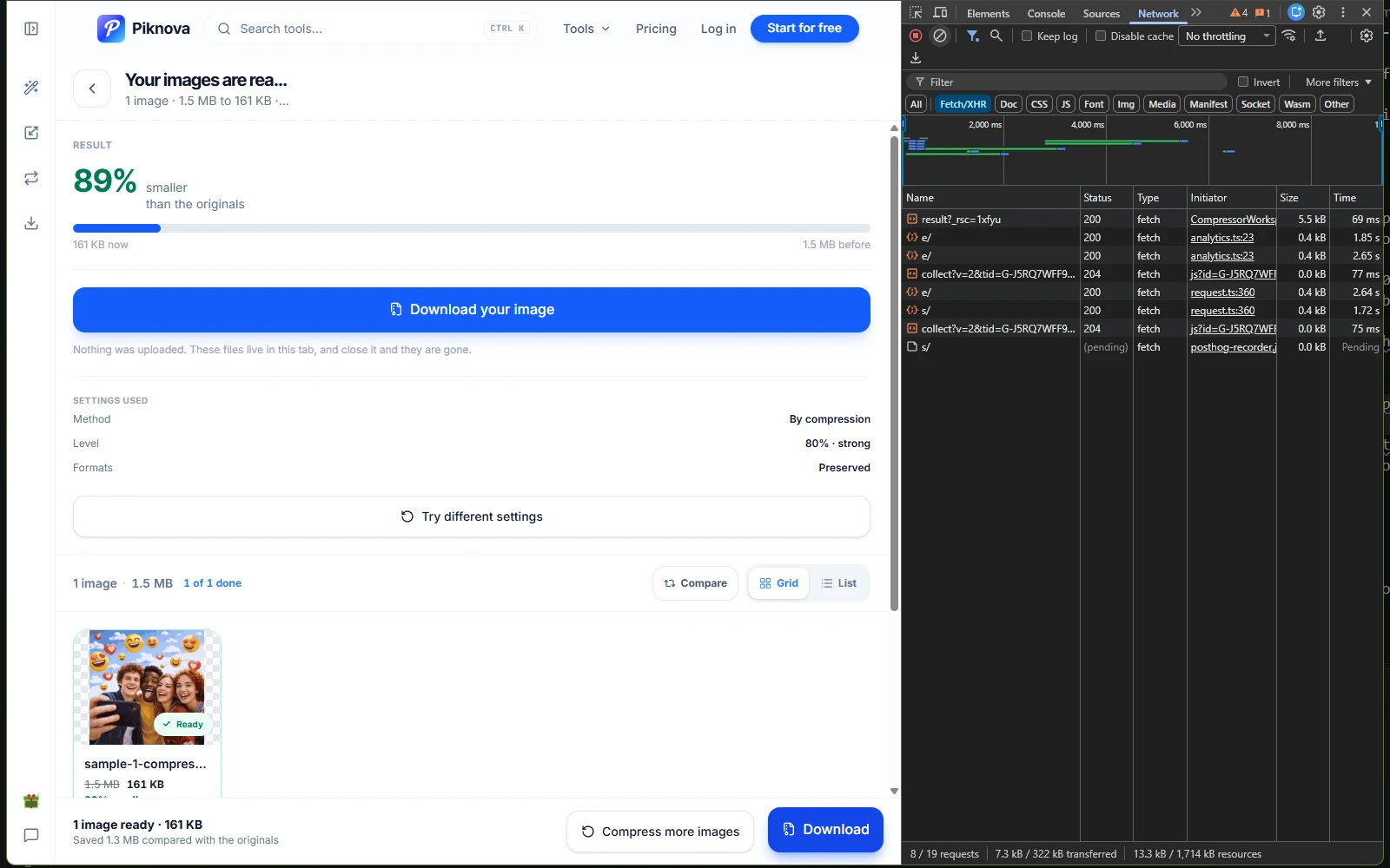 Browser DevTools network panel filtered to show requests during an image edit, with no POST request carrying an image body