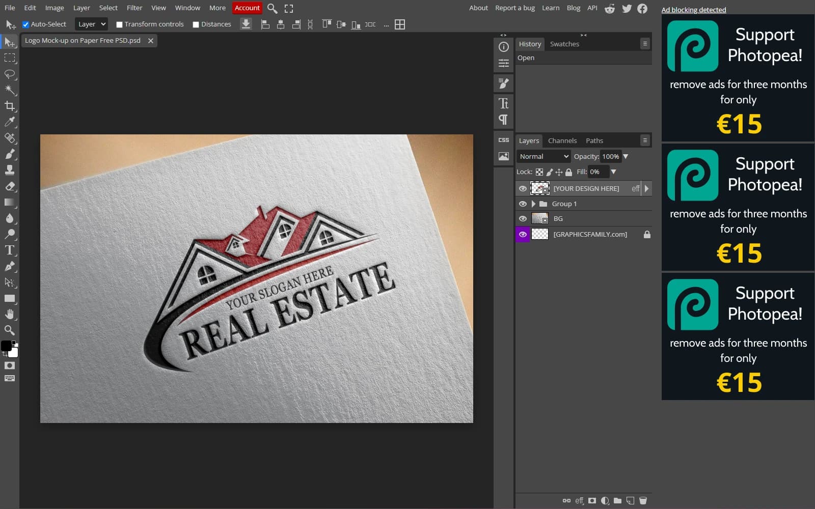 Photopea editor open in a browser with a layered file and the free-tier ad sidebar visible on the right