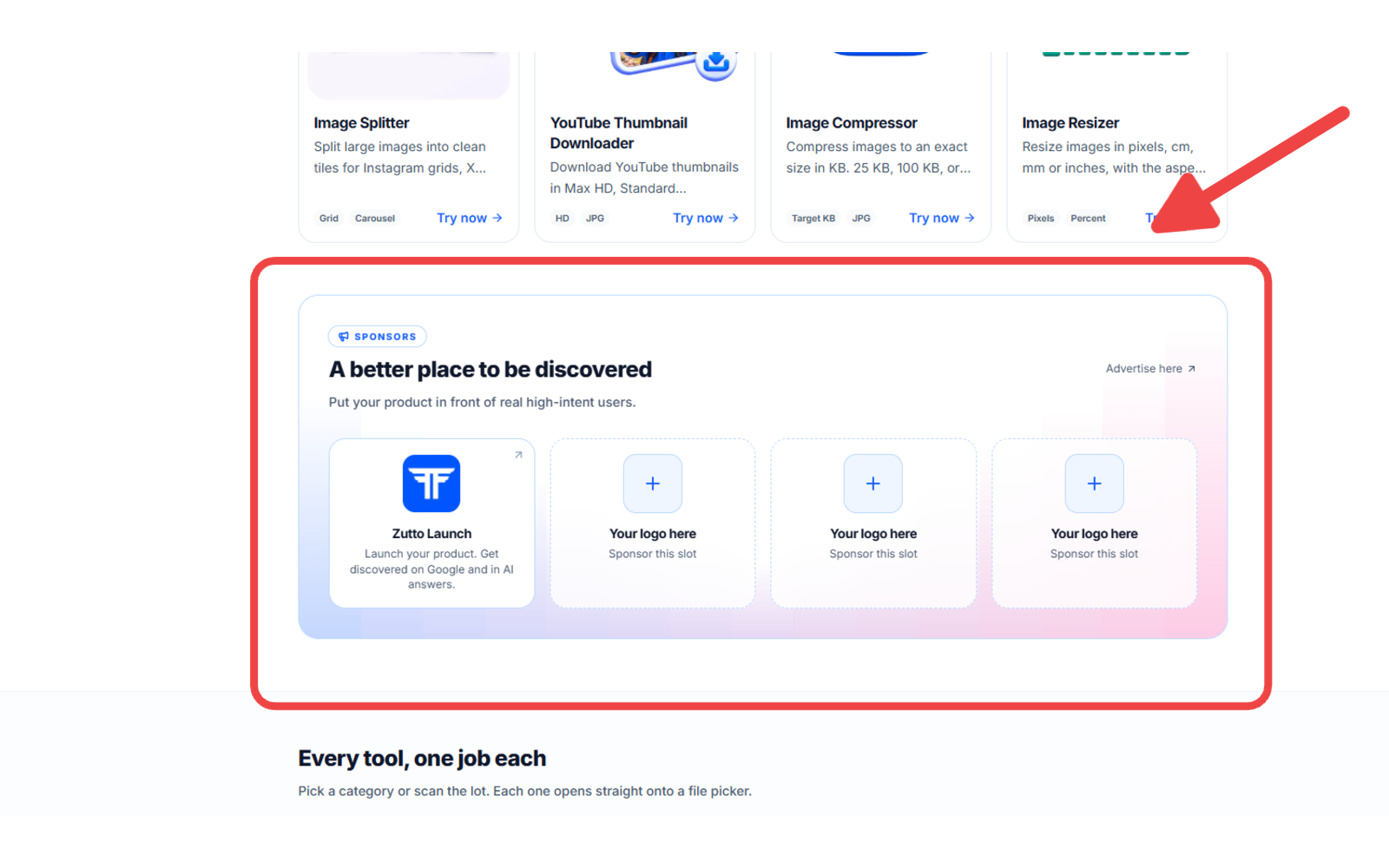 The Piknova home page, with a sponsor's logo, name and link in the sponsor panel beside the grid of tools
