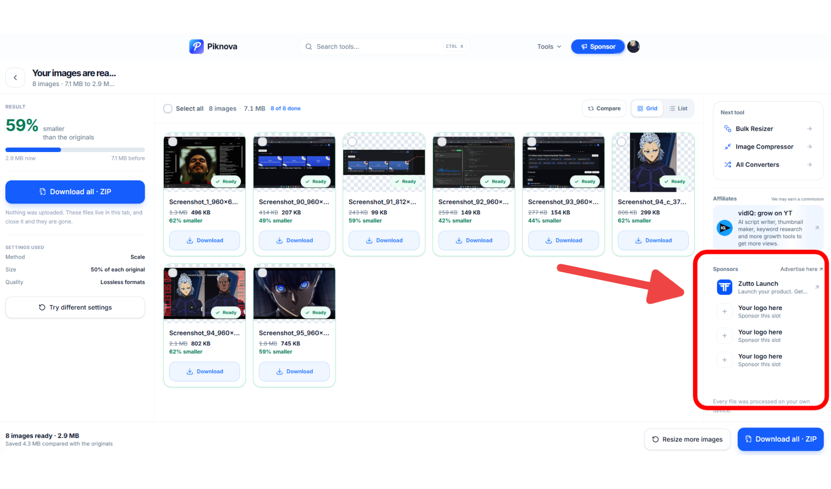 A finished file ready to download on Piknova, with a sponsor's logo, name and link beside the download button