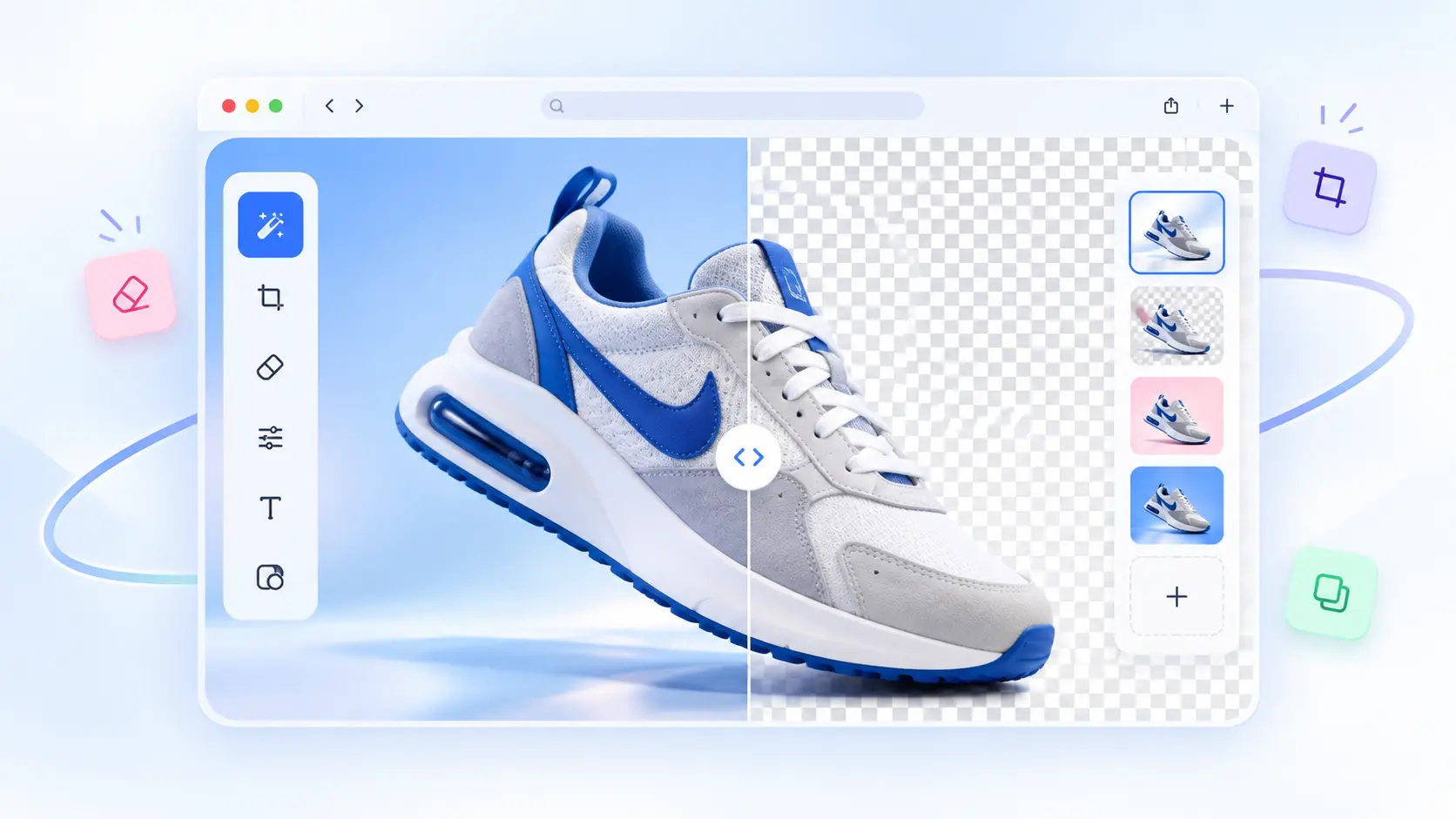 A product photo of a sneaker with its background half removed to a transparent checkerboard, shown inside a browser window