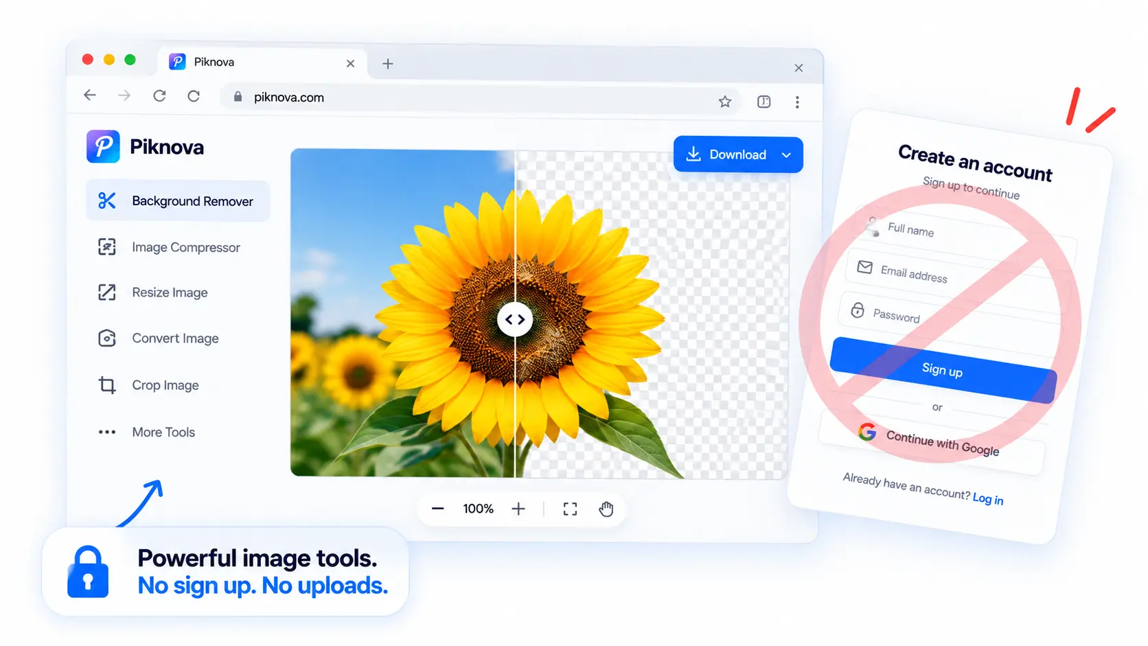 A browser window with an image tool open and a crossed-out signup form floating beside it