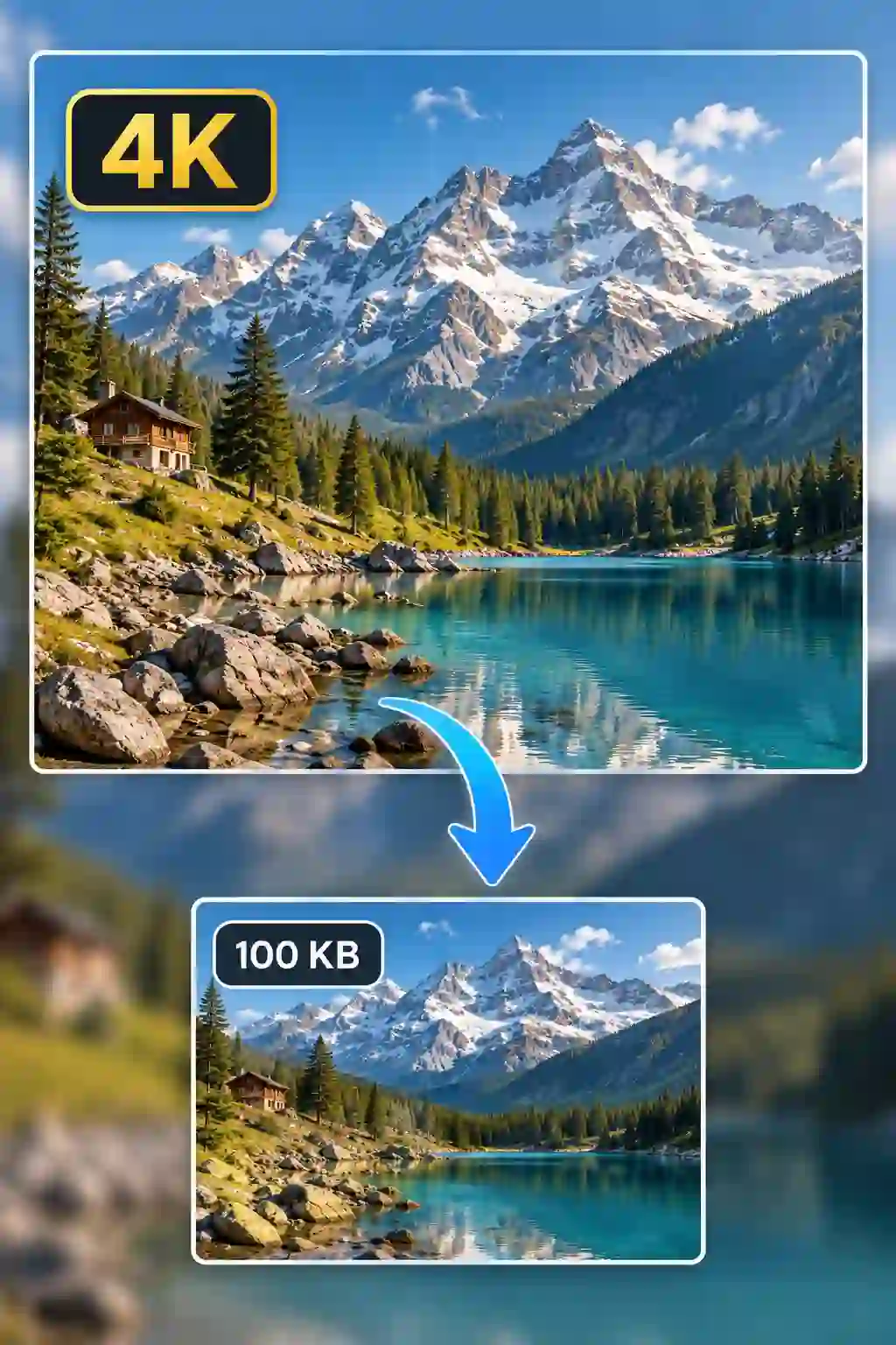 A 4K photo of a snowy mountain lake with a wooden cabin, compressed to a 100 KB copy that looks the same
