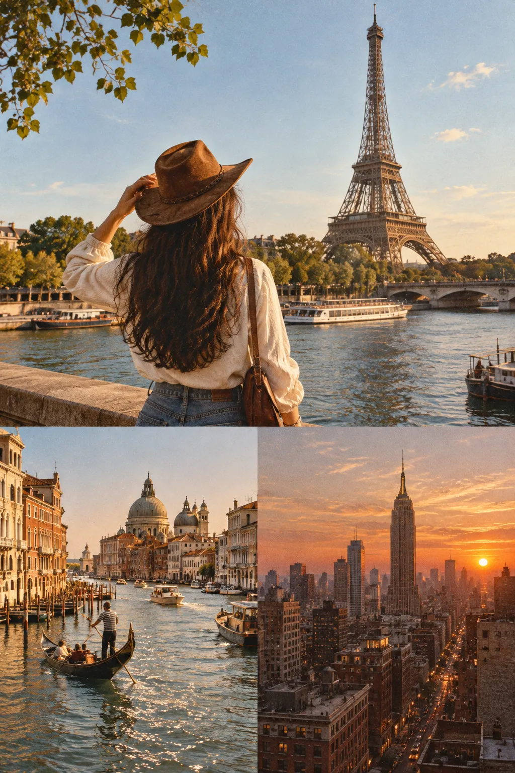 Paris, Venice and New York at sunset arranged as a three-photo collage