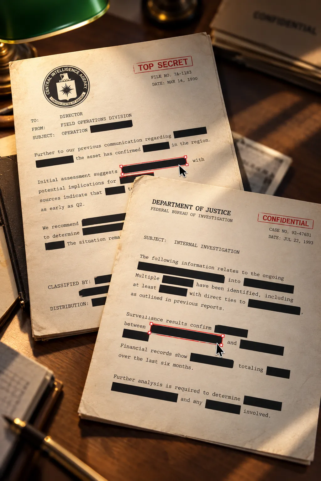 Two old case files with lines of text covered by black redaction bars