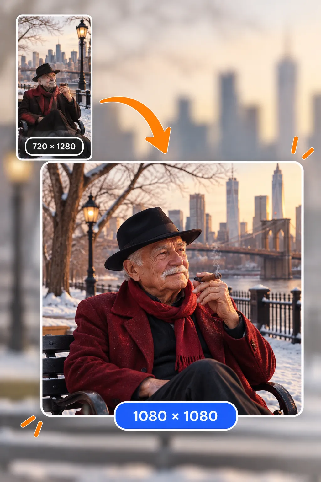 A 720 x 1280 photo of a man on a snowy bench resized to a 1080 x 1080 square
