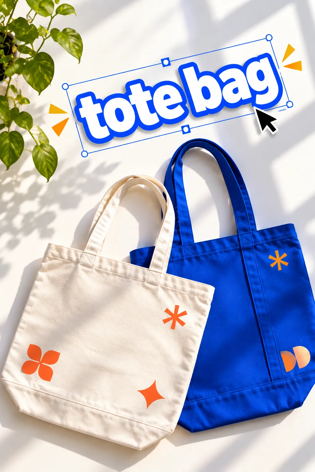 Two tote bags with a "tote bag" caption switching between a bold blue font and an orange script